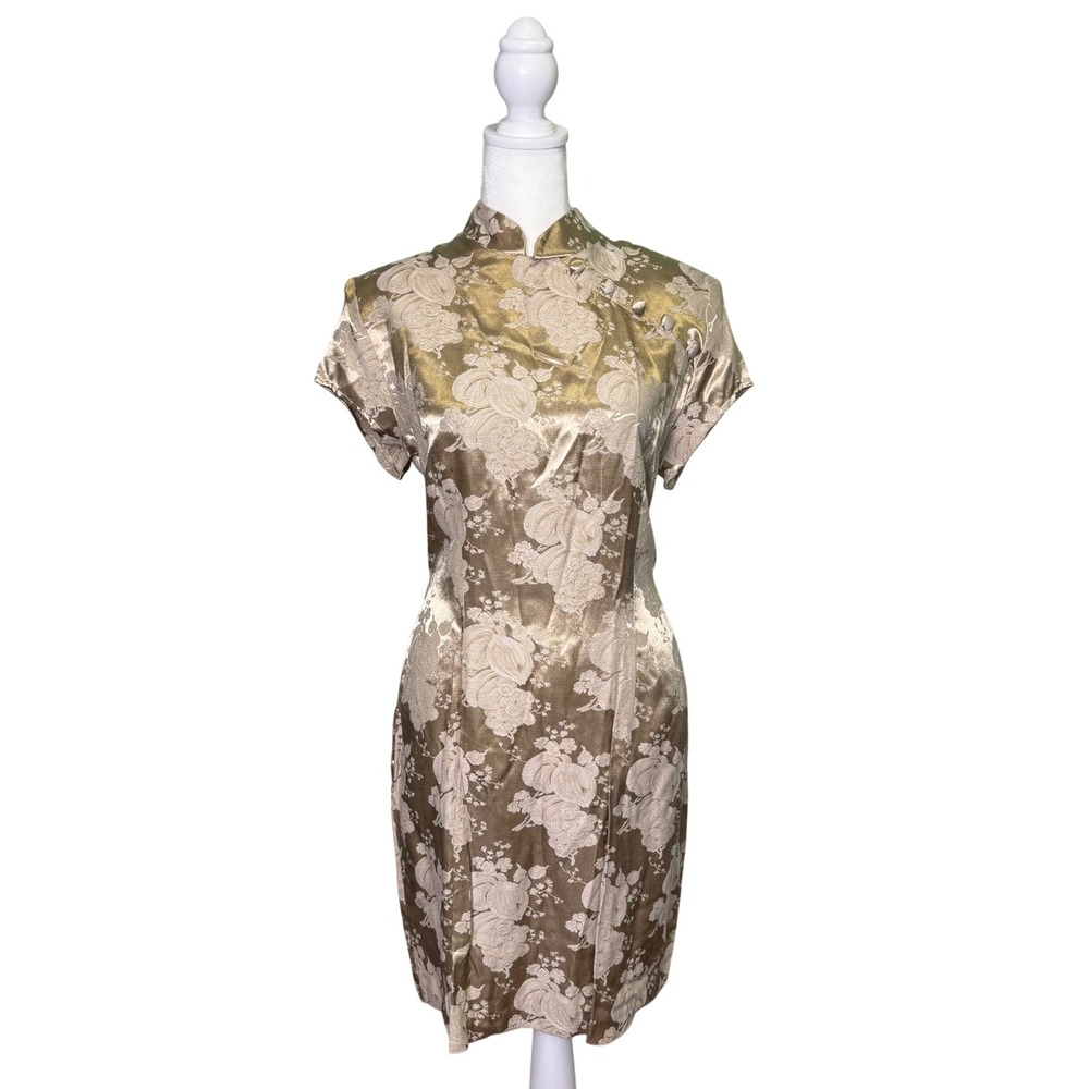 Vintage Knapp Studio California Satin Brocade Cheongsam Mini Dress Embroidered